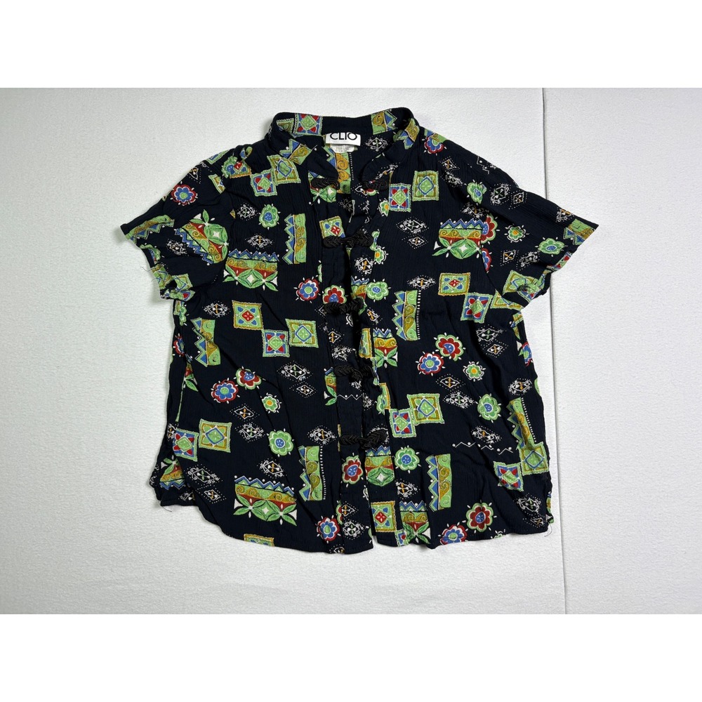 Clio Vintage 90s Rayon Abstract Geometric Frog Button Mandarin Shirt Mens Large